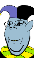 blue_skin closed_mouth clothes deltarune glasses hat jester jester_hat jevil smile stubble subvariant:wholesome_soyjak transparent_background variant:gapejak video_game // 600x1000 // 22.4KB