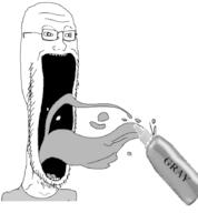 bottle clothes drinking glasses gray liquid open_mouth paint soyjak stubble text tongue variant:soyak // 833x901 // 89.2KB