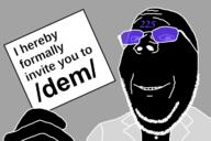 dem 225 card clothes dem glasses hand holding_object inverted invitation invite necktie paper smile soyjak stubble subvariant:wholesome_soyjak suit text variant:gapejak // 1200x800 // 149.3KB