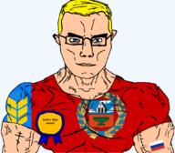 altai altai_krai arm award blue_eyes buff closed_mouth clothes eastern_orthodox flag flag:altai_krai flag:russia glasses hair krai orthodox_cross plant russia soyjak subvariant:chudjak_front subvariant:muscular_chud text transparent transparent_background tshirt variant:chudjak vein wheat yellow_hair // 1059x929 // 177.9KB