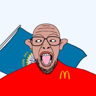 amerimutt beard black_sclera brown_skin clothes ear flag glasses looking_at_you mcdonalds open_mouth south_dakota soyjak united_states variant:patriotjak // 1023x1023 // 66.5KB