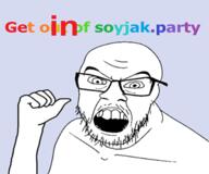 4chan advertisement arm get_out_of_qa glasses hand meta:banner mustache open_mouth soyjak soyjak_party stubble text variant:feraljak // 300x250 // 40.5KB