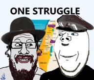 2soyjaks are_you_soying_what_im_soying beard beret blue_eyes clothes country glasses hat israel judaism lehi logo looking_at_each_other map military_beret military_hat mustache nazism one_struggle payot politics smile smug soyjak stubble subvariant:wholesome_soyjak text variant:gapejak variant:markiplier_soyjak zionism // 1238x1054 // 728.6KB