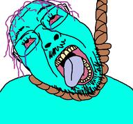 ack bloodshot_eyes blue blue_skin crying cyan cyan_skin death glasses hair hanging looking_up mustache noose open_mouth purple_hair rope series:gigachadhero's_colorful_troonjaks soyjak stubble suicide tongue tongue_out tranny variant:bernd white_background yellow_teeth // 768x719 // 29.7KB