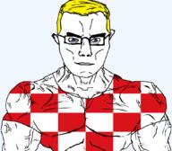 arm blue_eyes buff closed_mouth clothes flag flag:north_brabant glasses groningen hair netherlands north_brabant soyjak subvariant:chudjak_front subvariant:muscular_chud transparent transparent_background tshirt variant:chudjak vein yellow_hair // 1059x929 // 39.0KB