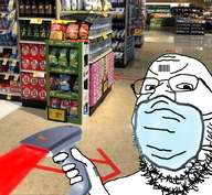 angry bald barcode barcode_scanner coronavirus_pandemic glasses hand holding_object irl_background mask soyjak store stubble supermarket variant:gapejak white_skin wrinkles // 824x760 // 966.5KB