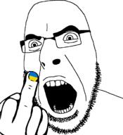 flag glasses hand middle_finger open_mouth painted_nails soyjak stubble ukraine variant:cobson // 721x789 // 19.0KB