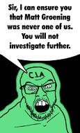 central_intelligence_agency cia_nigger glasses glowing green_skin matt_groening open_mouth speech_bubble text trend:glowie variant:feraljak you_will_not // 994x1663 // 172.6KB