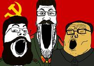 3soyjaks asian beard china closed_eyes clothes communism flag flag:soviet_union glasses hair hammer_and_sickle joseph_stalin mao_zedong mustache open_mouth politics small_eyes soviet_union soyjak soyjak_trio stubble variant:gapejak variant:markiplier_soyjak variant:tony_soprano_soyjak yellow_skin yellow_teeth // 828x581 // 345.4KB