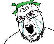 4chan angry anime bloodshot_eyes crying glasses green_hair hair soyjak stubble variant:shotjak yotsoyba // 417x339 // 57.7KB