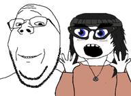 2soyjaks clothes female glasses hair open_mouth stubble subvariant:wholesome_soyjak variant:gapejak variant:soytan // 520x380 // 89.2KB