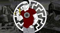 1488 artist:gemmist44 clock closed_mouth glasses grey_pants holding_sword hyperborea muscles nazism red_shirt sonnenrad soyjak spinning subvariant:perceptive_chud swastika sword variant:chudjak vein // 1280x720 // 2.7MB