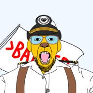 FNWO army arrow ban beard clothes dog flag glasses hat janny looking_at_you open_mouth soyjak text variant:patriotjak whistle yellow_skin // 1023x1023 // 75.4KB