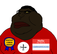 CubaBlancaAntiComunista_(namefag) award black_skin cuban cubanigger glasses hair hello_my_name_is_(sticker) red_lips red_shirt subvariant:chudmutt text variant:meximutt yellow_sclera // 888x849 // 57.4KB