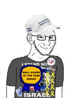 aipac american_flag award cap clothes flag glasses grey_shirt hat israel israeli_flag lion_of_judah make_america_great_again miga_hat smile smug soyjak stubble united_states variant:soyak white_skin yellow_ribbon zionism // 600x741 // 189.8KB