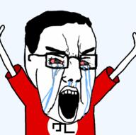 animated arm bloodshot_eyes clothes crying glasses hand hands_up nazism open_mouth soyjak stubble swastika tshirt variant:chudjak // 769x765 // 320.0KB