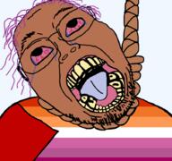 balding bloodshot_eyes glasses hanging lesbian meta:tagme open_mouth purple_hair stubble subvariant:boat_rammer suicide teeth tongue variant:bernd // 910x853 // 167.8KB