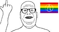 atheism double_chin glasses lgbt middle_finger smile soyjak stubble teeth_showing variant:unknown // 1365x736 // 96.4KB