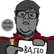 badge collar collared_shirt ear face_paint fact_sign fat gigachad glasses gray_hair gray_shirt gray_skin hair holding_object holding_sign nate small_eyes soyjak soyjak_party stubble variant:streisandjak // 768x768 // 27.0KB