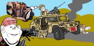 3soyjaks arm blood bomb closed_mouth clothes crying dead ear flag frown glasses gun hand hat helmet humvee islam judaism military morocco polisario rabbi smile smoke soyjak stubble subvariant:wholesome_soyjak text thought_bubble truck variant:feraljak variant:gapejak variant:impish_soyak_ears western_sahara // 1280x633 // 892.5KB