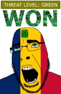 ahegao chad_(country) country emerald flag flag:chad gem glasses green green_eyes hair looking_up open_mouth schlog_color_event soyjak soyjak_blog stubble teeth text threat_level_green variant:cobson won // 721x1115 // 138.9KB