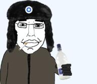 alcohol bottle cigarette clothes finland glasses glove hat holding_bottle holding_object lips smile soyjak subvariant:chudjak_front ushanka variant:chudjak vodka // 832x713 // 181.7KB