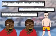 brown_eyes brown_hair brown_skin clothes country flag flag:spain glasses hair immigration migrant morocco open_mouth shirtless soyjak spain stubble swim_trunks variant:chudjak variant:feraljak // 892x574 // 383.7KB