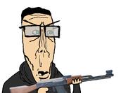 ak-47 alfietheboorufag_(user) black_hood black_jacket clean_shaven glasses green_eyes hair holding_gun hoodie meta:op_took_a_selfie_of_xerself no_stubble open_mouth shaved subvariant:euromutt variant:markiplier_soyjak white_skin // 920x637 // 76.6KB