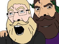 2soyjaks ahegao beard brown_eyes brown_hair clothes glasses hair mediterrenean mustache nordic_chad open_mouth sex smile soyjak variant:cobson white_skin yellow_hair // 1127x849 // 392.2KB