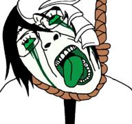 anime bleach_(anime) bloodshot_eyes crying exoskeleton glasses green green_eyes hair hanging open_mouth rope soyjak suicide tongue ulquiorra_cifer variant:bernd white_hair // 768x719 // 26.7KB