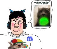 animal blush cat cat_ear cat_headphones clothes collared_shirt dark_hair deformed discord double_chin fat glasses hair hat headphones lollipop obese propeller_hat silly_cat smile speech_bubble subvariant:sillyfag uranium variant:streisandjak white_background white_shirt white_skin // 1275x1096 // 506.2KB