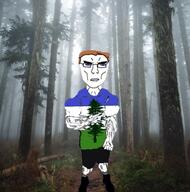 blue_eyes brown_hair buff cascadia chud closed_mouth clothes flag:cascadia fog forest front_facing full_body glasses irl_background looking_at_you shorts subvariant:unbotheredchud variant:chudjak vein // 628x633 // 138.0KB