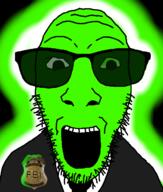 clothes federal_bureau_of_investigation glasses glowie glowing glownigger green_skin necktie open_mouth soyjak stubble suit sunglasses variant:dylanjak // 552x650 // 140.4KB