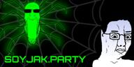 2soyjaks animal black_background bug closed_mouth glasses glowing green_skin hair looking_to_the_right meta:banner scared smile soyjak soyjak_party spider stretched_chin stubble sunglasses sweating text trend:glowie variant:chudjak variant:markiplier_soyjak web // 300x150 // 39.5KB