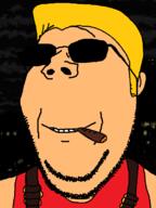 cigar clothes duke_nukem glasses red_shirt soyjak stubble subvariant:wholesome_soyjak sunglasses variant:gapejak yellow_hair // 600x800 // 72.8KB