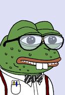 acne amphibian bald bandage blue_background bowtie buck_teeth closed_mouth clothes collared_shirt frog glasses green_skin lips looking_at_you nas:pepe nerd pen pencil pepe_the_frog pocket pocket_protector suspenders teeth wart // 672x986 // 24.6KB