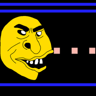 angry big_lips big_nose black_background black_sclera eating open_mouth pacman pellet soyjak teeth variant:peruvianmutt video_game yellow_skin // 768x768 // 26.1KB