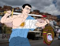 ack argentina beheaded blood bloodshot_eyes border buff classical_art_parody clothes crying david_and_goliath eyes flag:argentina flag:venezuela glasses gore hair head looking_down neck robe rope subvariant:muscular_chud sword teeth tongue tongue_out variant:chudjak variant:isaac veneco venezuela wall weapon yellow_teeth // 2048x1588 // 1.7MB