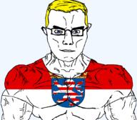 arm blue_eyes buff closed_mouth clothes country crown flag flag:hesse germany glasses hair hesse lion soyjak subvariant:chudjak_front subvariant:muscular_chud transparent transparent_background tshirt variant:chudjak vein yellow_hair // 1059x929 // 104.5KB