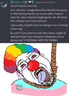ack badge beard bloodshot_eyes christmas clown clown_nose clown_wig crying dead discord flag:transgender_pride_flag flag:white_flag glasses hanging japanese_text noose pronouns purple_hair rainbow rope stubble suicide teeth text tomoko tongue tranny transgender_symbol watashi_ga_motenai_no_wa_dou_kangaetemo_omaera_ga_warui white_background yellow_teeth // 655x914 // 457.7KB