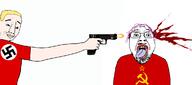 2soyjaks arm blood blue_eyes communism eagle fascism flag glasses gun hand italy nazism open_mouth purple_hair shooting smile soviet_union stubble tranny variant:bernd variant:chudjak white_skin yellow_hair // 1166x515 // 141.1KB
