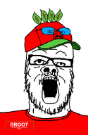 IT2GB broot broot_2026 brootal brootism brootist campaign cap clothes glasses hat leaf logo looking_up open_mouth red_shirt red_skin series:administ_soyjaks stubble variant:a24_slowburn_soyjak variant:impish_soyak_ears // 454x700 // 23.3KB