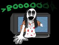 arm beanie black_background blood clothes female greentext hair hand hat horror mask necklace open_mouth sharp_teeth soyjak television text variant:soytan // 1160x896 // 61.2KB