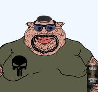 amerimutt beard black_rifle_coffee_company can closed_mouth clothes coffee drink fat flag:united_states glasses goatee hairy hand holding_object lips mutt punisher_face skull smile stubble subvariant:branigger sunglasses transparent_background tshirt variant:brandon // 1675x1583 // 346.7KB