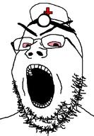 angry bloodshot_eyes clothes glasses hat large_eyebrows nurse open_mouth soyjak stubble variant:gapejak // 600x869 // 62.7KB