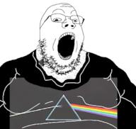 acne album_cover clothes glasses gynaecomastia music open_mouth pink_floyd prog_rock soyjak stubble tattoo the_dark_side_of_the_moon variant:gapejak // 1390x1314 // 124.3KB