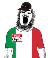 baseball_cap bbc beard blacked clothes clyde country flag flag:italy glasses hairy hat italy open_mouth soyjak text tshirt variant:ignatius // 656x748 // 134.7KB