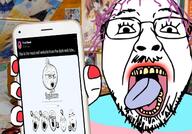(you) clothes cope dilation ear glasses hair hand happy holding_object open_mouth purple_hair soyjak tranny troon yellow_teeth // 1348x940 // 1.6MB
