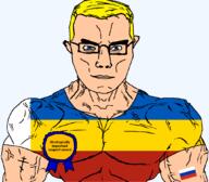 arm award blue_eyes buff christianity closed_mouth clothes eastern_orthodox flag flag:rostov_oblast flag:russia glasses hair oblast orthodox_cross rostov_oblast russia soyjak strategy subvariant:chudjak_front subvariant:muscular_chud text transparent transparent_background tshirt variant:chudjak vein yellow_hair // 1059x929 // 55.4KB