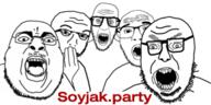 5soyjaks angry arm crooked_teeth glasses hand meta:banner null open_mouth soyjak soyjak_party stubble variant:chugsjak variant:nerdjak variant:nulljak variant:unknown variant:volcanojak // 300x150 // 32.8KB